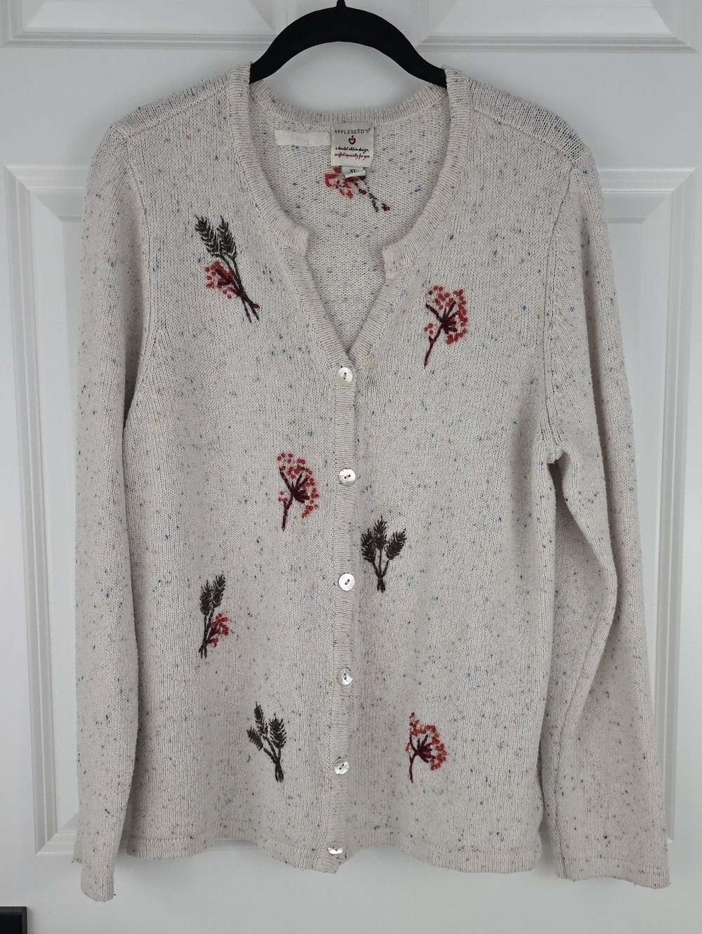 Appleseed's Cozy Wool Blend Cabincore Speckled Cardigan w/ Floral Embroidery XL